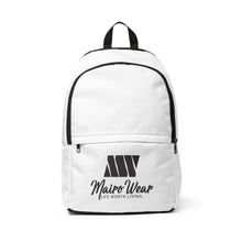 Load image into Gallery viewer, Mairo Wear Backpack — White Logo Fabric Backpack with 'Mairo Wear Life Worth Living'